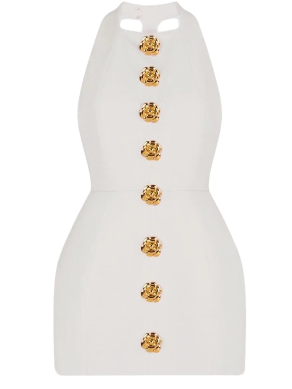 Elegant White Mini Dress with Gold Floral Buttons